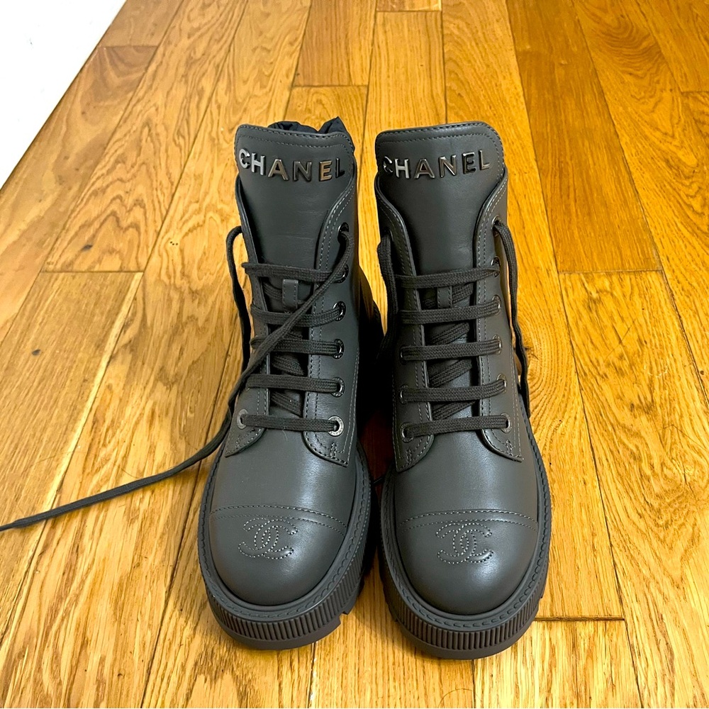 CHANEL Gray Lace up Combat Boots
